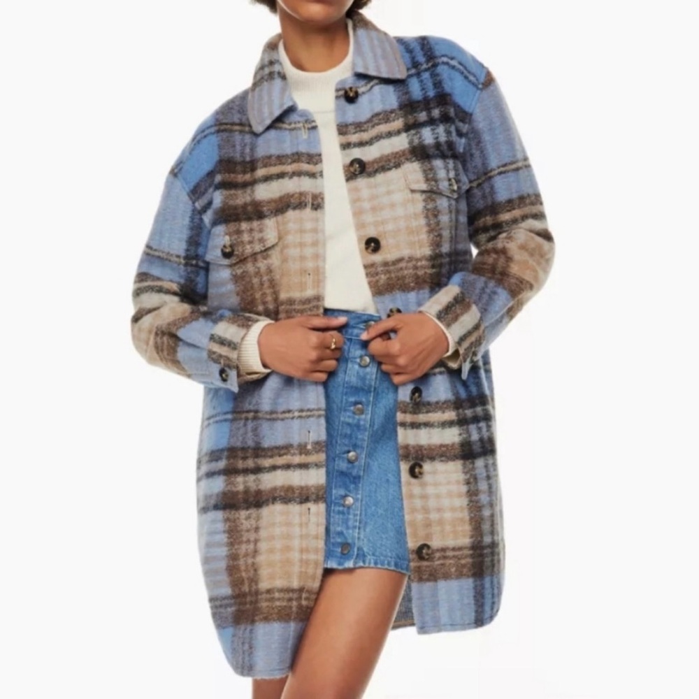 Aritzia Wilfred Ganna Jacket Wool Long Plaid Blue Brown Black Shacket Size 2XL